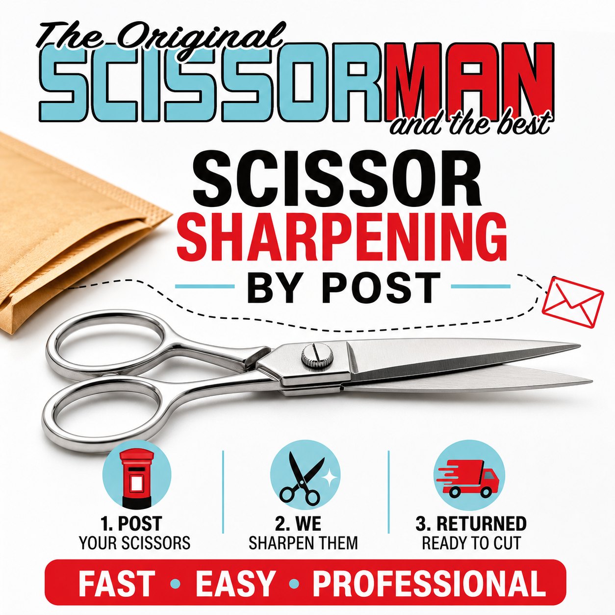 Scissor sharpening by post — post your scissors, we sharpen them, returned ready to cut. Fast, easy, professional.